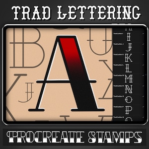 Sello de procreación de letras de tatuaje tradicional - Set 1 / 26 Sellos de pincel de escritura de fuente tradicional para Procreate - Artista del tatuaje / Diseños de tatuajes