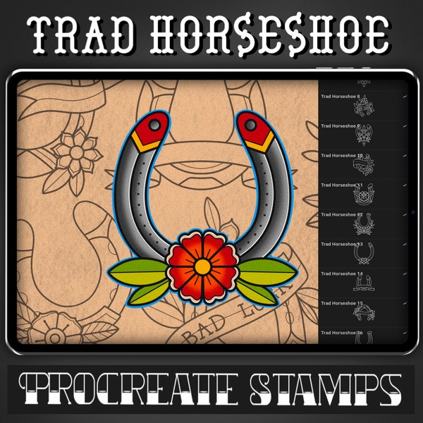 Traditional Horseshoe Tattoo Procreate Stamp - Set 1 | 25 Trad Lucky Horse Shoe Brush Stamps for Procreate - Tattoo Artist | Tattoo Designs