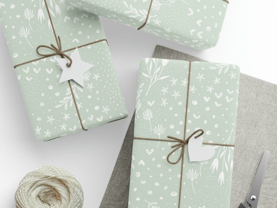 Sage Green Wrapping Paper With White Flowers, Hearts, Dots and Leaves  Pattern Birthday, Mother's Day, Baby Shower, Bridal Shower 