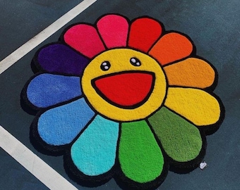 Handmade Murakami Flower Rug – Colorful Smiling Tufted Anime Carpet