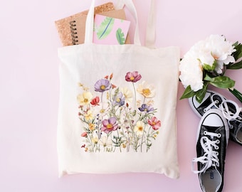 Bolso de mano de flores silvestres, tote botánico floral, regalo del día de las madres, bolso de hombro de flores de moda, bolsa de regalo para mujeres, bolsa de compras, bolsa de flores vintage