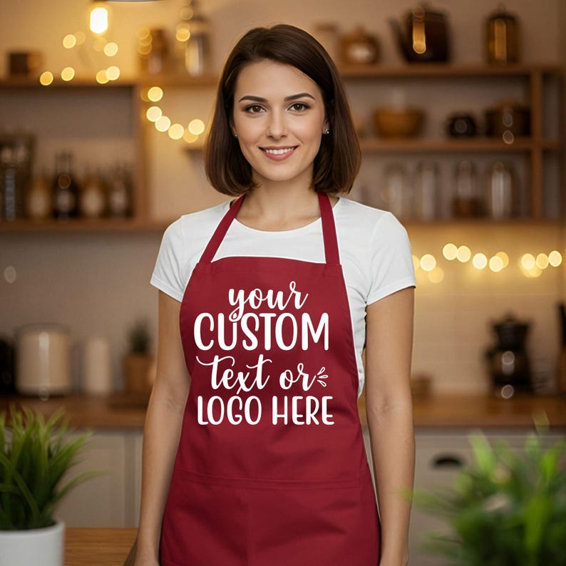 May include: A burgundy apron with white text that reads "your CUSTOM Text or LOGO HERE". The apron is worn over a white t-shirt. The background is a kitchen with wooden shelves and warm lighting.