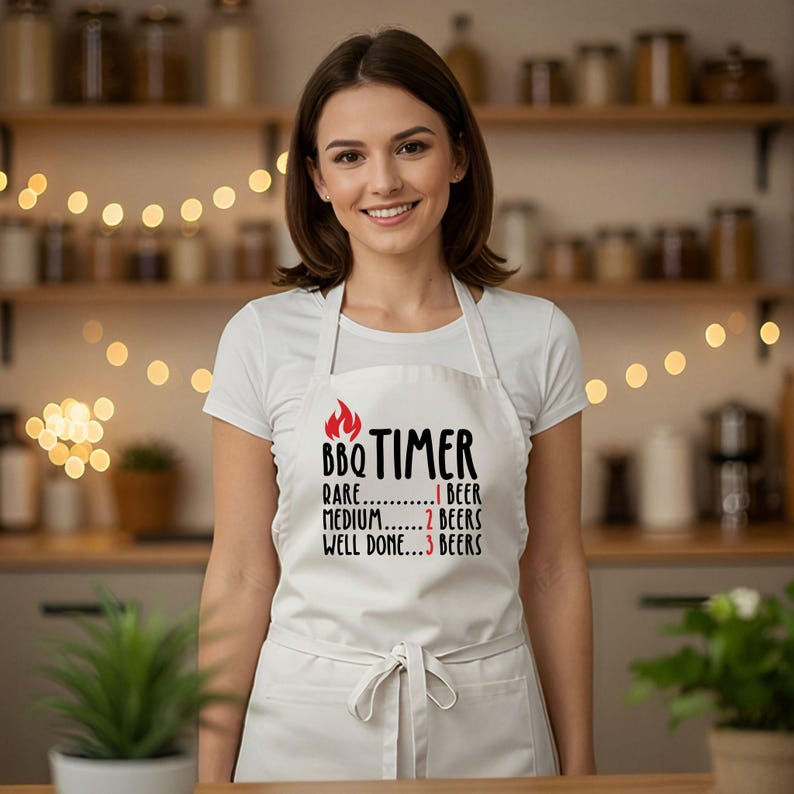 May include: White apron with the text "BBQ TIMER" and a flame graphic. The text below reads "Rare...1 Beer, Medium...2 Beers, Well Done...3 Beers". The apron is tied at the waist and worn by a person.