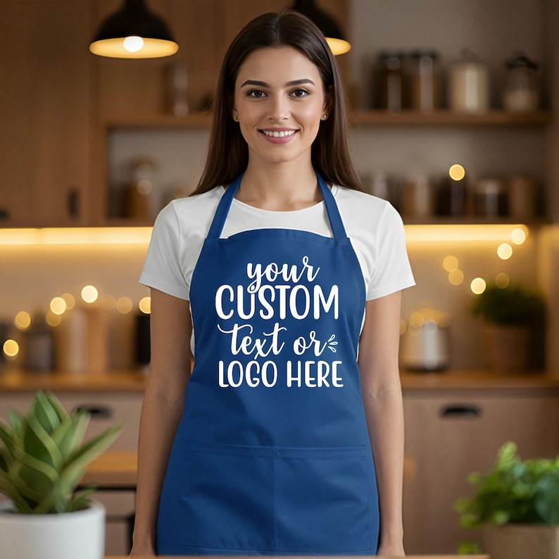 May include: A navy blue apron with a front pocket and white text that reads "your CUSTOM text or LOGO HERE". The apron is worn over a white t-shirt. The background is a kitchen setting with wooden cabinets and plants.