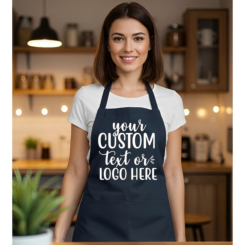 May include: A navy blue apron with white text that reads 'your CUSTOM TEXT or LOGO HERE'. The apron is being worn by a person in a white t-shirt. The background is a kitchen with wooden shelves and a plant.