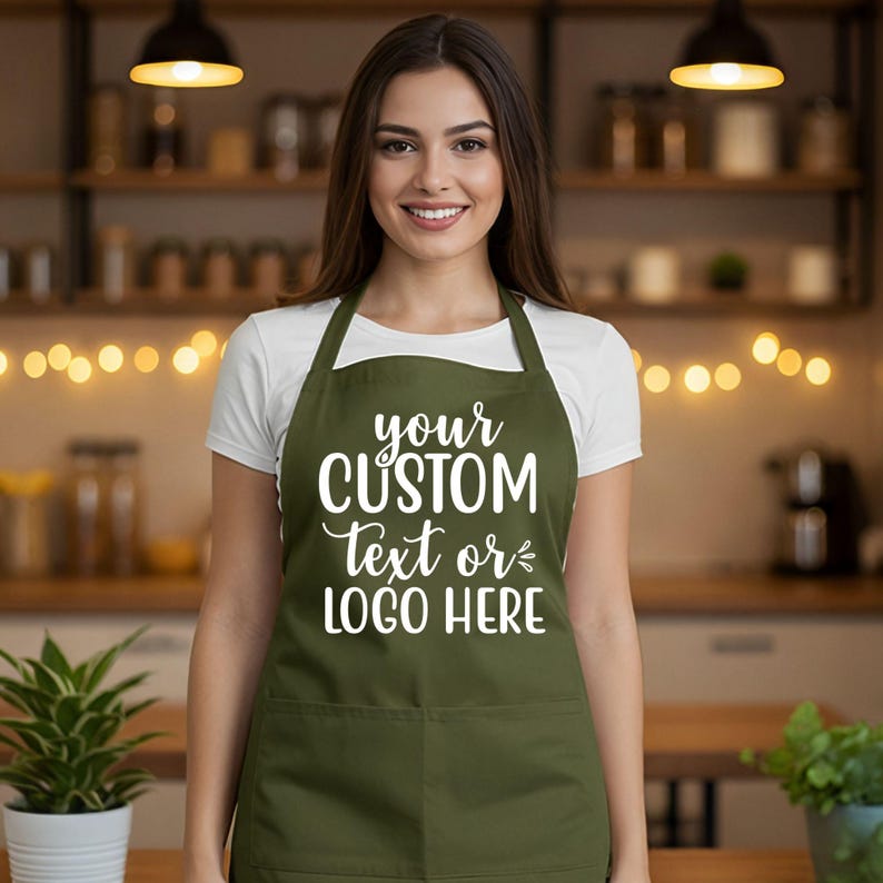 May include: An olive green apron with a white text design that reads "your CUSTOM Text or LOGO HERE". The apron has a front pocket and is worn by a person in a kitchen setting.