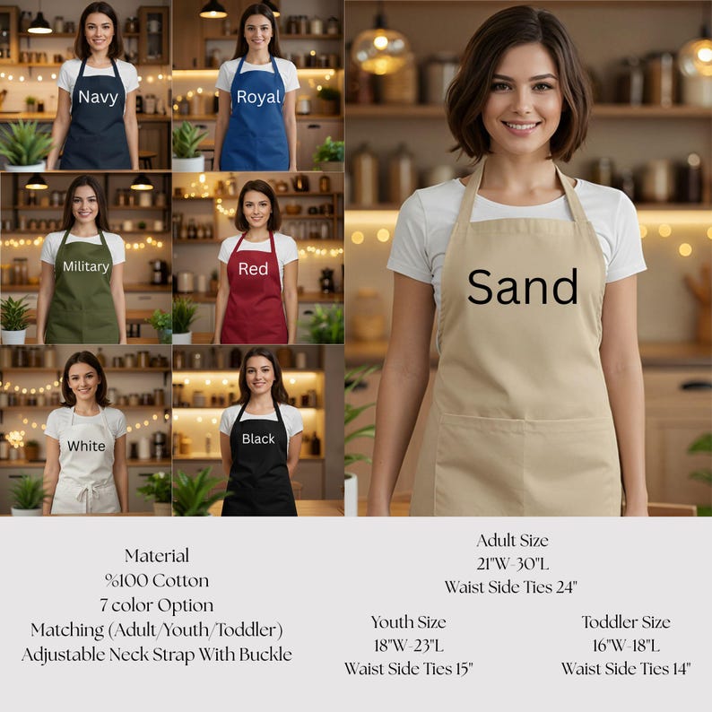 May include: A collection of aprons in various colors, including navy, royal blue, military green, red, white, black, and sand. The aprons are made of 100% cotton and feature an adjustable neck strap with a buckle. Available in adult, youth, and toddler sizes.