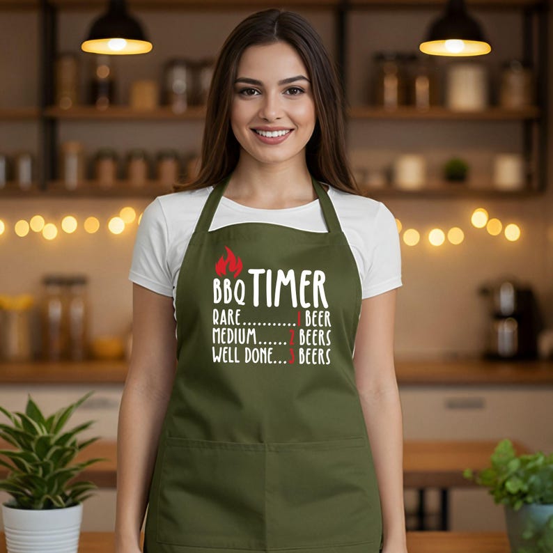 May include: An olive green apron with the text "BBQ TIMER" and a flame graphic. The text below indicates cooking times for rare, medium, and well-done, with corresponding beer counts. The apron has a front pocket and neck strap.