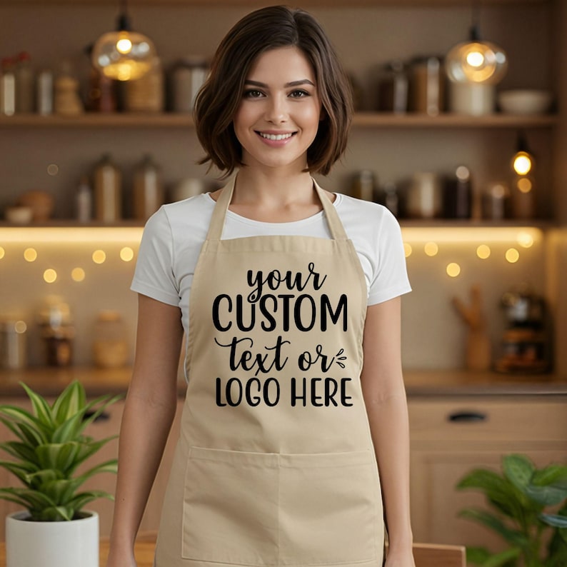 May include: A tan apron with a front pocket and the text "your CUSTOM TEXT or LOGO HERE" in black script. The apron is worn over a white t-shirt. The background is a kitchen with wooden cabinets and warm lighting.