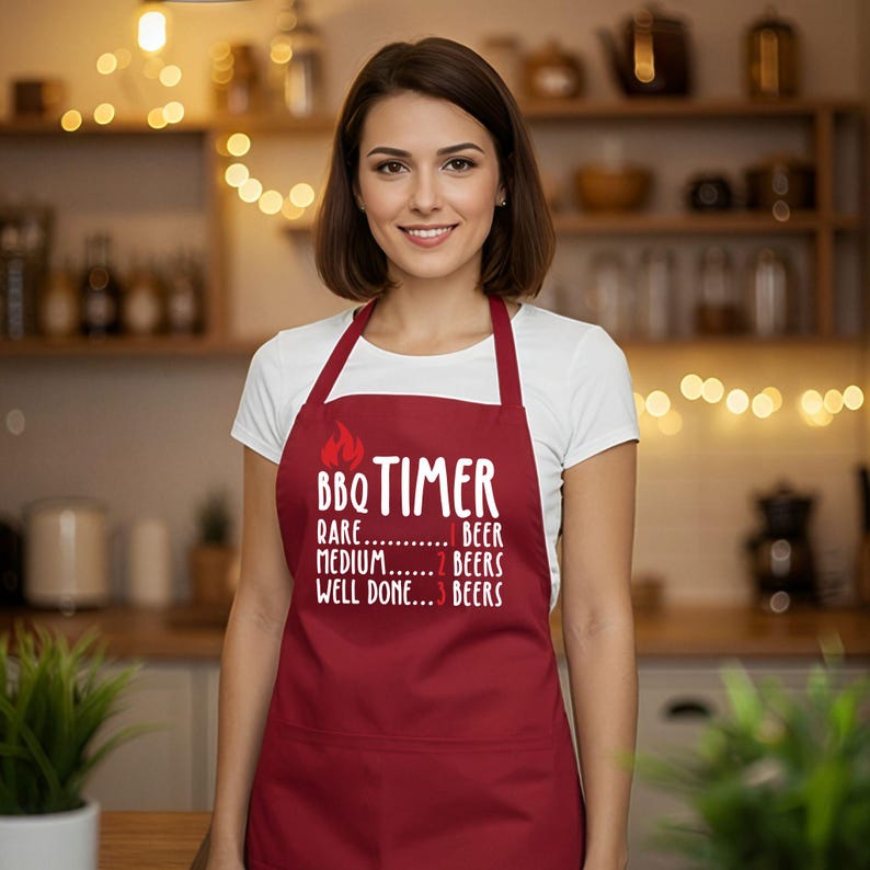 May include: A burgundy apron with the text "BBQ TIMER" and cooking instructions. The apron has a flame graphic and a pocket. The text indicates how many beers to drink for rare, medium, and well-done cooking.