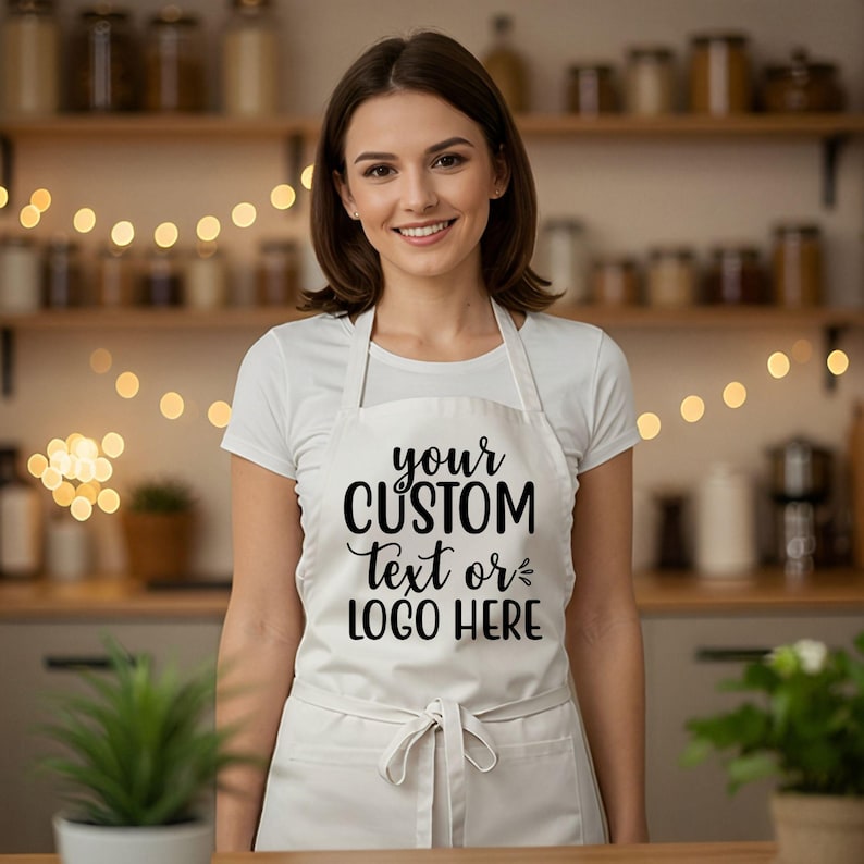 May include: A white apron with the text "your CUSTOM Text or LOGO HERE" in black script. The apron is tied at the waist and has a pocket. The person is wearing a white t-shirt.