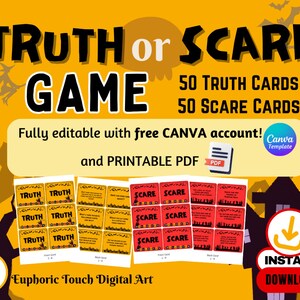Truth or Scare - Halloween Party Game, Halloween Game - Editable in Canva and Printable PDF