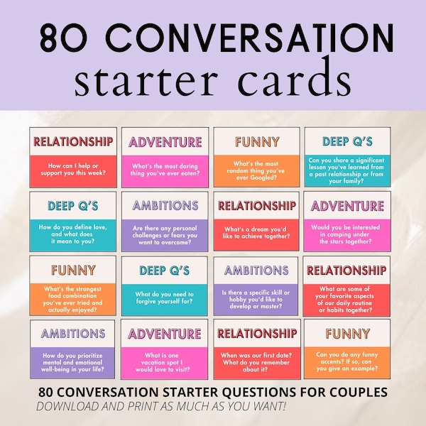 Conversation Date Cards, Conversation Starters for Couples, Couple Question Cards, Printable 80 Couple Conversation Cards, Date Idea Cards