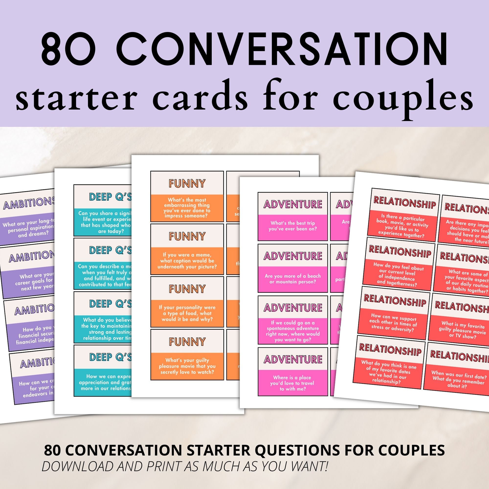 Couple Question Cards, Printable 80 Couple Conversation Cards ...