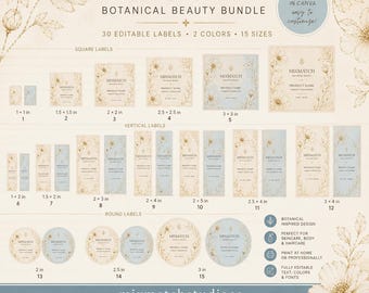Botanical Beauty Label Bundle, 30 Canva Editable Cosmetic Labels, Cream & Blue Skincare Packaging Templates