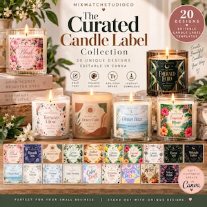 May include: A collection of twenty editable candle label templates featuring various floral, abstract, and scenic designs. The image displays several glass candles with labels applied, alongside a grid of twenty distinct label options.