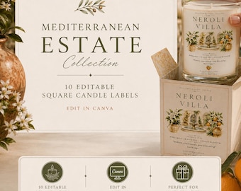 Etiquetas para velas inspiradas em propriedades mediterrâneas | 10 modelos quadrados editáveis para Canva