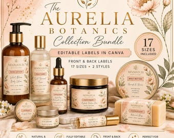 Editable Cosmetic Labels Bundle, Botanical Design, 17 Canva Templates (Digital Download)