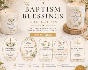 Etiquetas editáveis para velas de batismo | Lembrancinhas religiosas para batizado (Download digital)