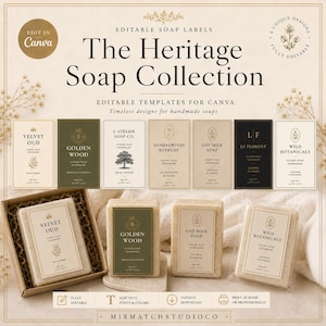 以下が含まれることがあります： The Heritage Soap Collectionというテキストが記載された6種類の編集可能な石鹸ラベルテンプレートのコレクション。箱に入った4つの長方形の石鹸と、白い布の上に置かれたラベル付きの石鹸が一緒に表示されています。