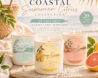 Coleção de cítricos de verão costeiro, modelos de velas Canva, etiquetas