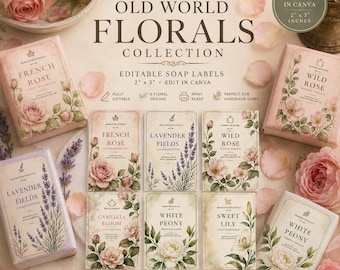 Etiquetas de sabonete floral editáveis, embalagem botânica vintage (2 x 3 polegadas)
