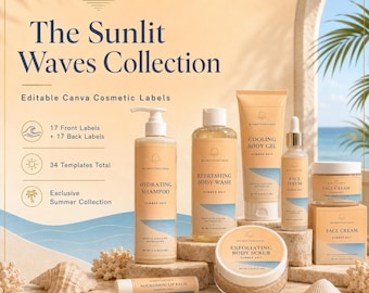 Etiquetas de cosméticos editables en Canva, Colección de verano Sunlit Waves (34 plantillas)