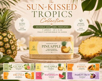 Etiquetas editáveis para sabonetes de frutas tropicais, modelo Canva, 7 designs de embalagem (22 x 5 cm)
