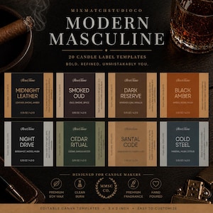 May include: A promotional image for candle label templates. The labels are rectangular with a dark background and gold text. The labels include scents like Midnight Leather, Smoked Oud, and Dark Reserve. The image also includes a cigar, a glass of whiskey, and a lighter.
