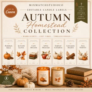 May include: A digital template for seven editable candle labels titled Autumn Homestead Collection, featuring illustrations of pumpkins, leaves, and spices. Below, two lit candles with Pumpkin Spice and Autumn Leaves labels sit near pumpkins.