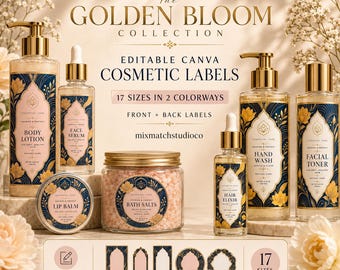 Editable Cosmetic Labels, Blue Floral Gold Canva Templates (Instant Download)
