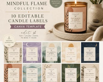 Modelo de etiquetas para velas editáveis no Canva | Etiquetas para potes de meditação, bem-estar e ioga (10 modelos)