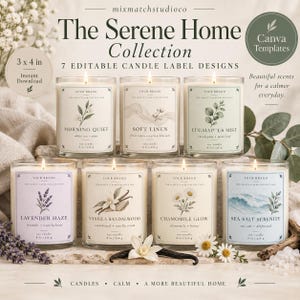 Op de afbeelding: Zeven sojakaarsen in doorzichtige glazen met etiketten voorzien van botanische illustraties en de teksten Morning Quiet, Soft Linen, Eucalyptus Mist, Lavender Haze, Vanilla Sandalwood, Chamomile Glow en Sea Salt Serenity, elk 226 g.