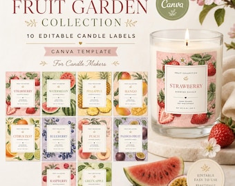 Etiquetas editáveis para velas de frutas, modelo do Canva, 10 etiquetas botânicas quadradas para velas perfumadas