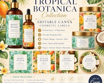 Tropical Cosmetic Labels, Mango Coconut Mint Canva Templates (Digital Download)