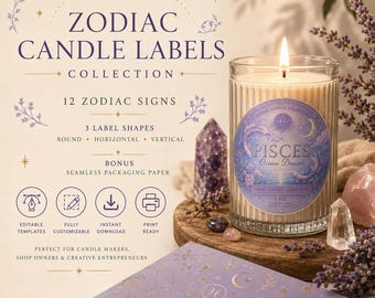Zodiac Candle Labels Collection | 12 Astrology Signs, Packaging Paper (Canva Templates)