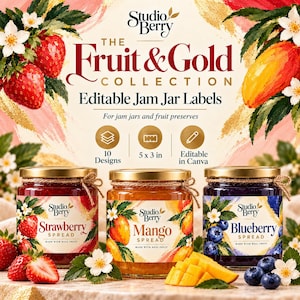 Puede incluir: Un gráfico digital para Studio Berry The Fruit & Gold Collection con etiquetas editables para tarros de mermelada. La imagen muestra tres frascos de vidrio con mermelada de fresa, mango y arándanos, cada uno con etiqueta y tapa dorada.