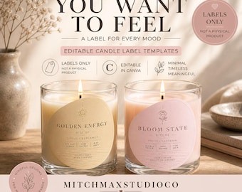 Coleção de Terapia das Cores, Pacote de Modelos de Etiquetas Emocionais para Velas, Etiquetas Editáveis do Canva