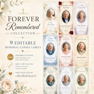 Pode incluir: Uma coleção de nove etiquetas editáveis para velas memoriais com bordas florais, ícones de cruz e molduras ovais para fotos. O texto inclui Forever Remembered Collection, 9 Editable Memorial Candle Labels e 7 cm x 16,5 cm. Cada etiqueta exibe nomes e datas de exemplo.