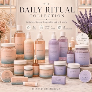 Puede incluir: Una colección de productos cosméticos que incluye champú, acondicionador, gel de baño, suero facial, sales de baño, exfoliante, mascarilla de arcilla, crema facial y bálsamo labial. Las etiquetas tienen un diseño degradado con texto e iconos.