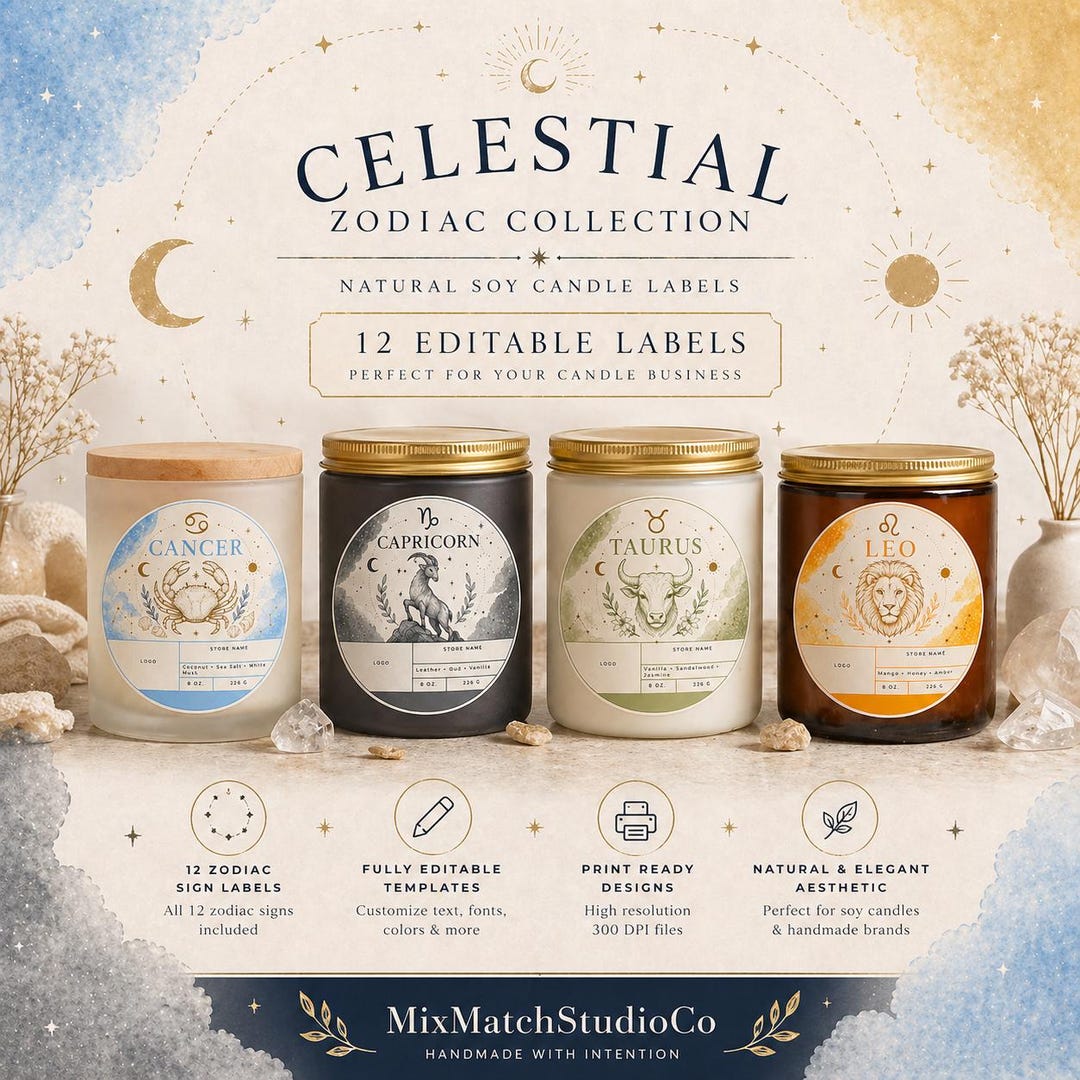 Celestial Zodiac Candle Labels – 12 Editable Templates, Canva Candle ...