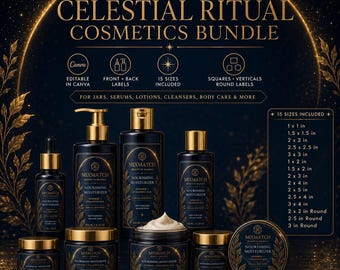 Celestial Cosmetics Label Bundle, Editable Canva Packaging Templates (15 Sizes)