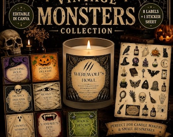 Etiquetas vintage para velas de Halloween com tema de monstros, embalagens assustadoras editáveis (download digital)