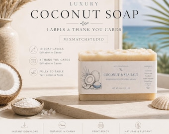 Pacchetto di etichette di lusso per sapone al cocco / 10 modelli eleganti e minimalisti modificabili per Canva