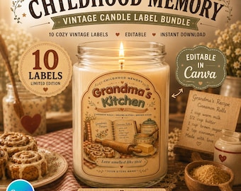Kit de Etiquetas Vintage para Velas com Tema de Memórias da Infância | Kit de Identidade Visual Aconchegante e Nostálgico para Velas |