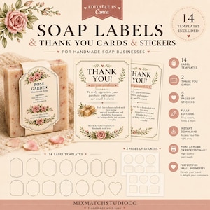 Op de afbeelding: Afbeelding van zeepetiketten, bedankkaarten en stickers voor handgemaakte zeepbedrijven. Het ontwerp bevat bloemelementen en de tekst "Rose Garden Handmade Soap". Inclusief 14 sjablonen voor etiketten, 2 bedankkaarten en 2 pagina's met stickers.