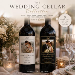 Pode incluir: Duas garrafas de vinho com rótulos editáveis da The Wedding Cellar Collection. Os rótulos exibem fotos de um casal, nomes, datas e texto como Happily Ever After. O conjunto inclui 8 modelos de 8,89 x 12,7 cm para editar no Canva.