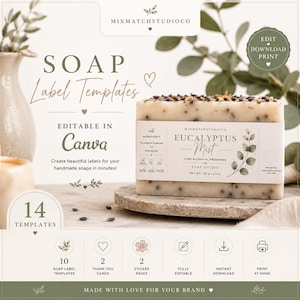 Op de afbeelding: Een zeepblok met een label met de tekst "Eucalyptus Mist" wordt getoond. De afbeelding toont ook tekst met de tekst "Soap Label Templates" en "Editable in Canva". De afbeelding bevat pictogrammen voor sjablonen, kaarten en downloads, en het nettogewicht is 100 g.