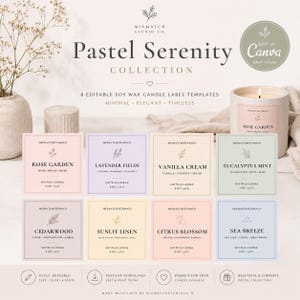 Puede incluir: Una colección de plantillas de etiquetas de velas en colores pastel con el texto "Pastel Serenity Collection". Las etiquetas presentan varios aromas como Rose Garden, Lavender Fields y Sea Breeze. La imagen incluye una vela encendida y elementos decorativos.