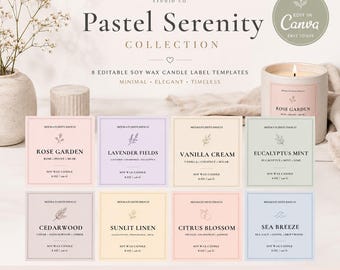 Modelos de rótulos para velas em tons pastel | Identidade visual editável no Canva (Download digital)